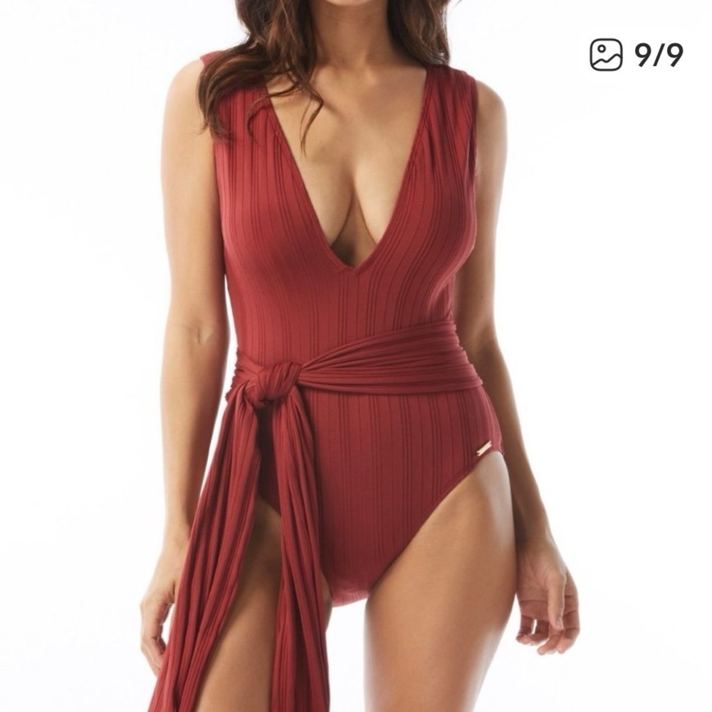 Vince Camuto Burgundy Low V Neck Swimsuit with sash